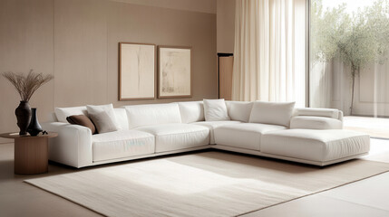 Fototapeta premium Contemporary Living Room: An inviting, light-filled space featuring a modern sectional sofa, minimalist decor, and large windows, creating an atmosphere of calm and sophistication.
