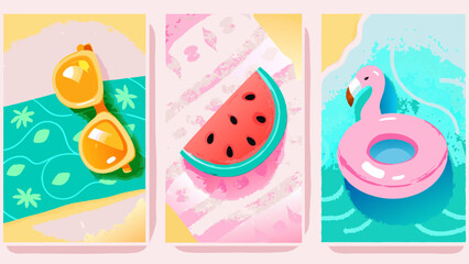 Three summer themed illustrations featuring sunglasses watermelon and flamingo floatie on the beach 100