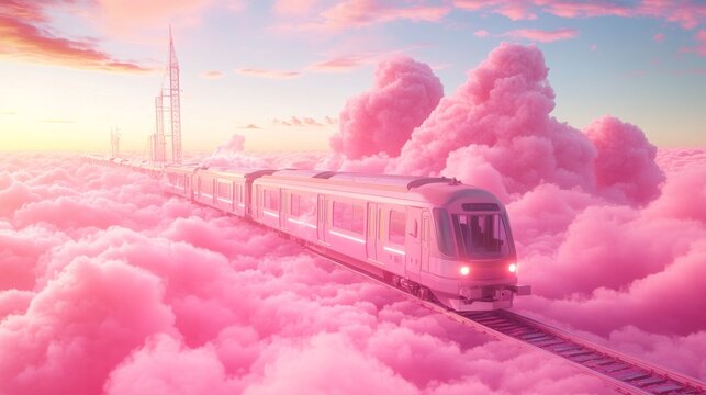 A train is traveling through a pink cloud