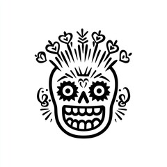 Smiling, stylized skull design with decorative elements.