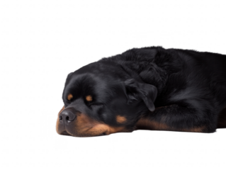 Rottweiler dog lying down with head on paws, transparent background