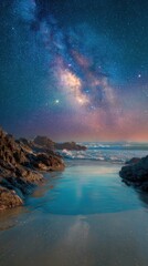 Night sky over a tranquil coastal scene.