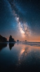 Night sky with milky way reflecting on calm water.