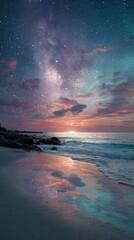 Majestic coastal view at twilight with a celestial display.
