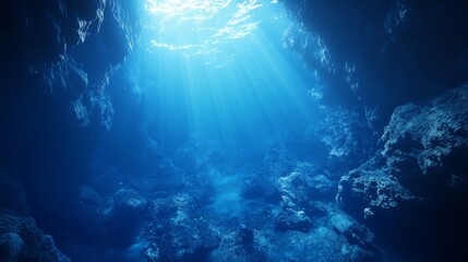 Dark Blue Underwater Cave with Sunlight Rays