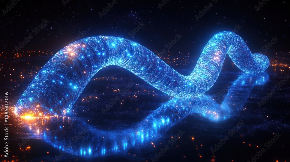Poster glowing blue and orange luminescent snake-like structure twisting on reflective dark surface with sm