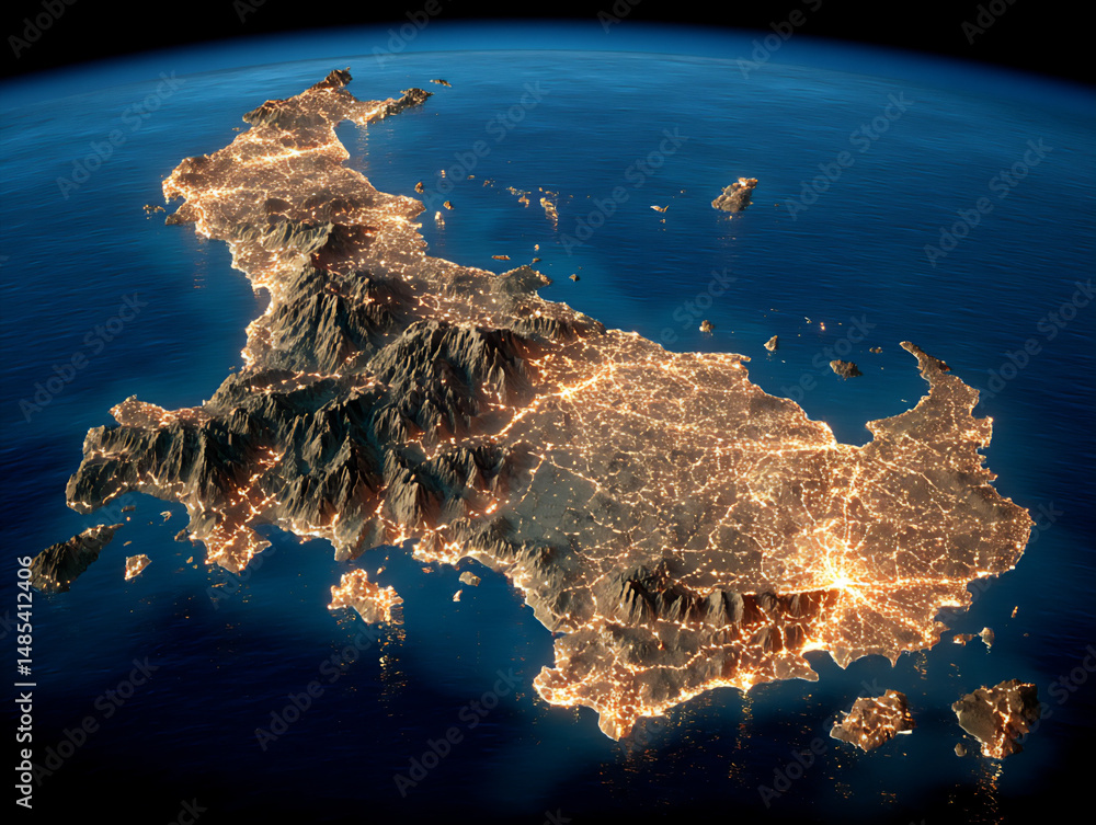 Aufkleber futuristic 3d rendering of glowing energy pipelines and power grids overlaid on a night view of japa