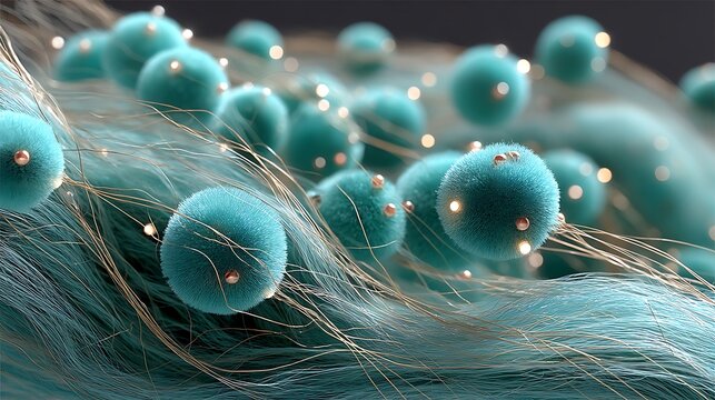 The image shows round, textured spheres floating above a surface composed of many parallel lines