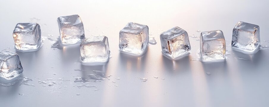 Seven melting ice cubes arranged in a row on a glossy surface with light reflections and water droplets around them, evoking coolness and freshness