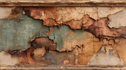 Fototapeta premium A weathered wooden frame encloses peeling paint revealing layers of aged, textured, brown, green and orange hues in an abstract pattern.