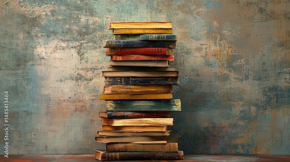 Poster a stack of books on a table