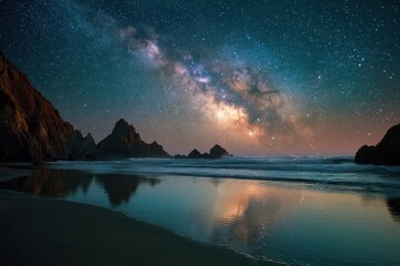 Night sky reflecting on a tranquil beach landscape.