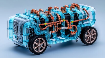 3D Render of Vehicle Cooling System with Icy Blue Fluid and Copper Pipes