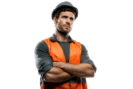 Construction worker in safety gear with arms crossed during break