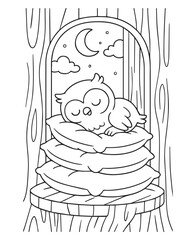 Coloring book owl sleeps peacefully on a stack of pillows inside a tree hollow at night,