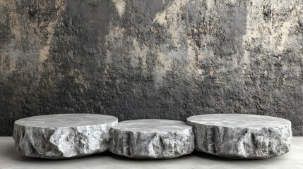 Three Stone Product Display Stands on a Grey Wall