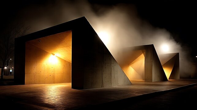 The image shows illuminated triangular structures at night, with a layer of haze surrounding them. The walls of the structures are smooth and appear to be constructed of stone.