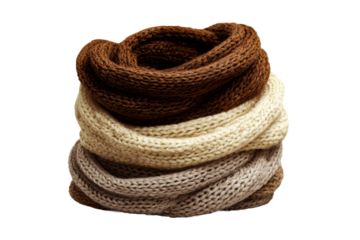 Cozy knitted scarves in earthy tones on transparent background