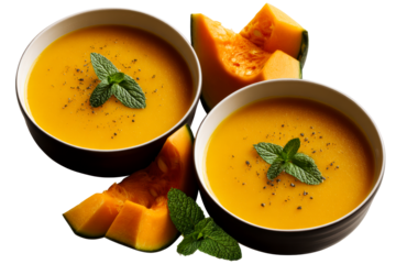 Creamy pumpkin soup served in elegant bowls with mint leaves