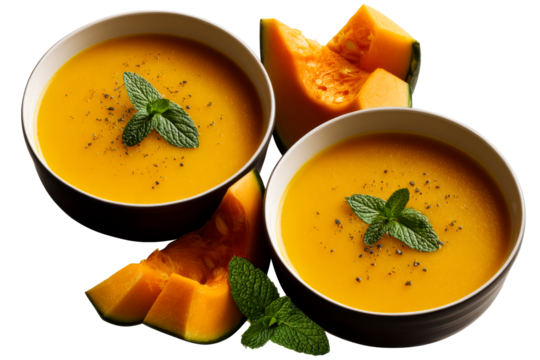 Creamy pumpkin soup served in elegant bowls with mint leaves