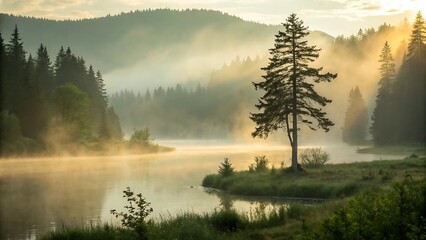 Fototapeta premium Serene Sunrise over Misty Lake in a Coniferous Forest