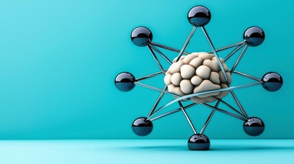 Abstract Brain Network Metallic Spheres and Soft Lighting on Light Blue Background