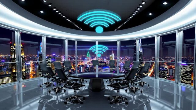 Futuristic conference room at night with digital connectivity icon glowing on wall and cityscape background, high-tech business meeting environment - Powered by Adobe
