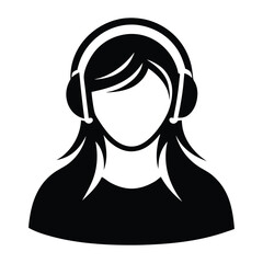 Silhouette of a girl with headphones, urban woman, vintage logo line art concept black and white color