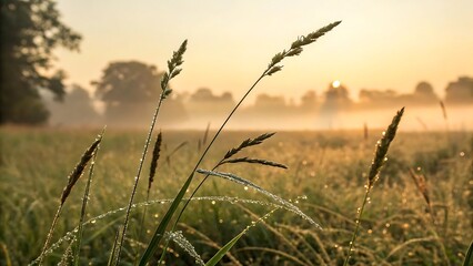 Obraz premium Dew Covered Grass Blades at Sunrise in a Misty Field