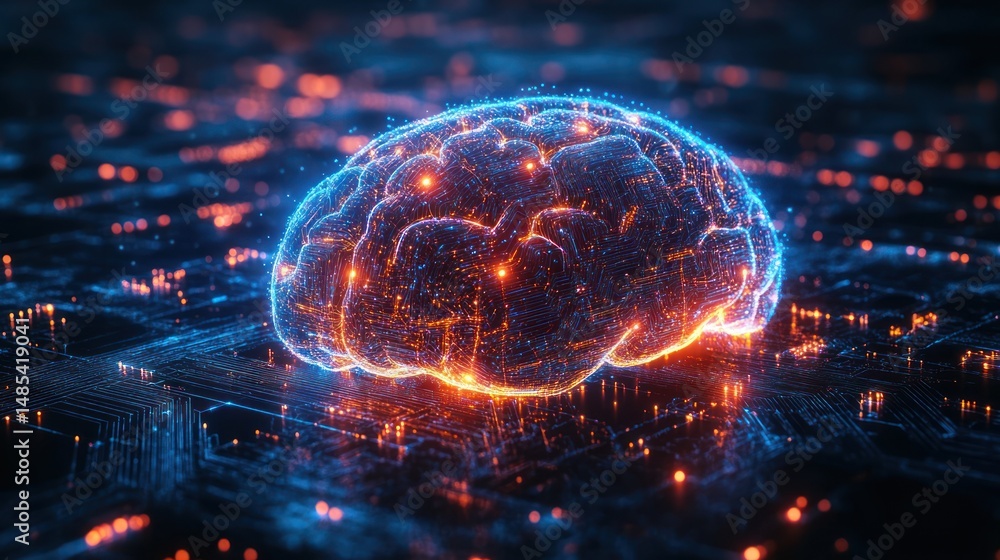 Poster abstract brain on circuit board, futuristic technology, possible use as stock photo for ai, technolo