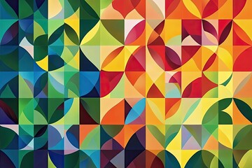 Vibrant geometric pattern, multi-hued,  interlocking shapes