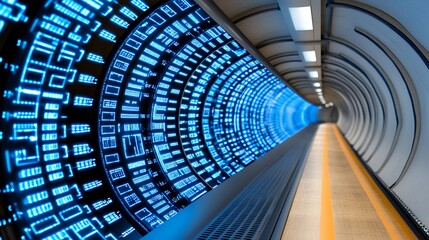 Abstract Futuristic Digital Tunnel with Glowing Blue Data Streams