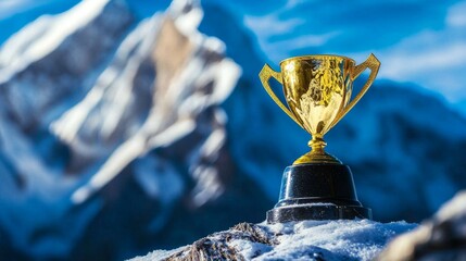 Celebrating achievement: a golden cup near the breathtaking peaks of Everest.
