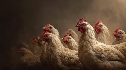 Fototapeta premium A group of light beige chickens in a close huddle.