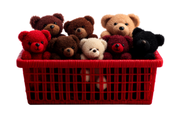 Teddy bears in a red basket on a transparent background