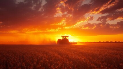 Fototapeta premium Silhouette of a Tractor Harvesting at Sunset