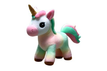 Colorful unicorn plush toy with a shiny golden horn and pastel shades