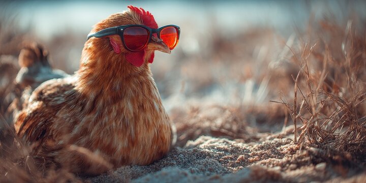 Funny chicken wearing sunglasses outdoors.