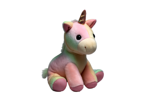 Colorful plush unicorn toy sitting on a transparent background