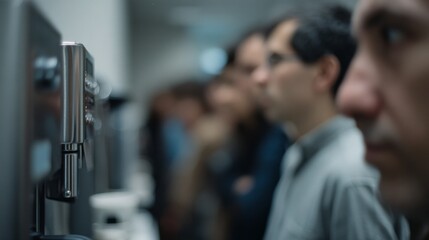 A crowd stands engrossed before a coffee machine, highlighting anticipation and the allure of coffee culture.