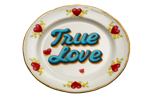 Creative plate design featuring true love message and heart accents