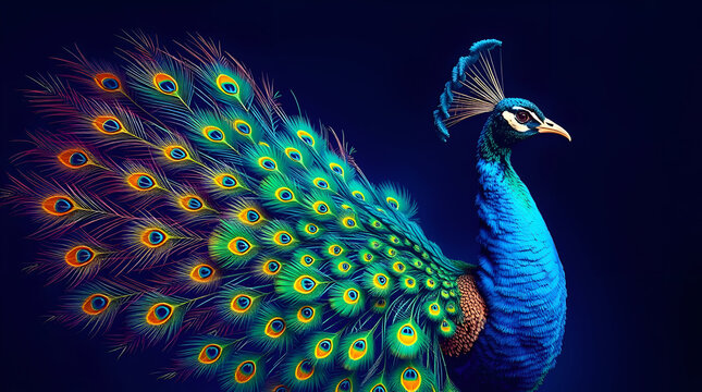 Regal Peacock with Partially Fanned Tail on Deep Blue &ndash; Symbol of Saraswati, Generative AI Fine Art