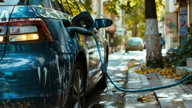 An electric vehicle is plugged into a charging station on a busy city street lined with trees and fallen leaves during autumn