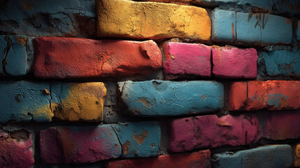 Grungy Multicolored Brick Wall with Bold Spray-Painted Texture and Urban Decay