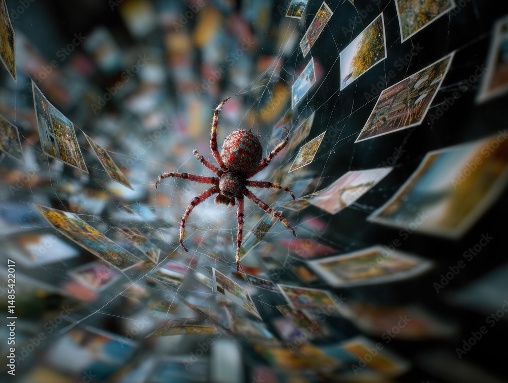 Poster digital spider navigating a web of images.