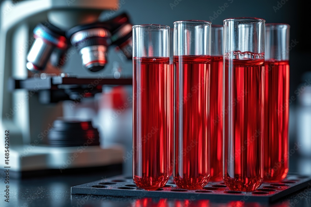 Aufkleber close-up of test tubes containing bright red liquid with microscope in laboratory setting