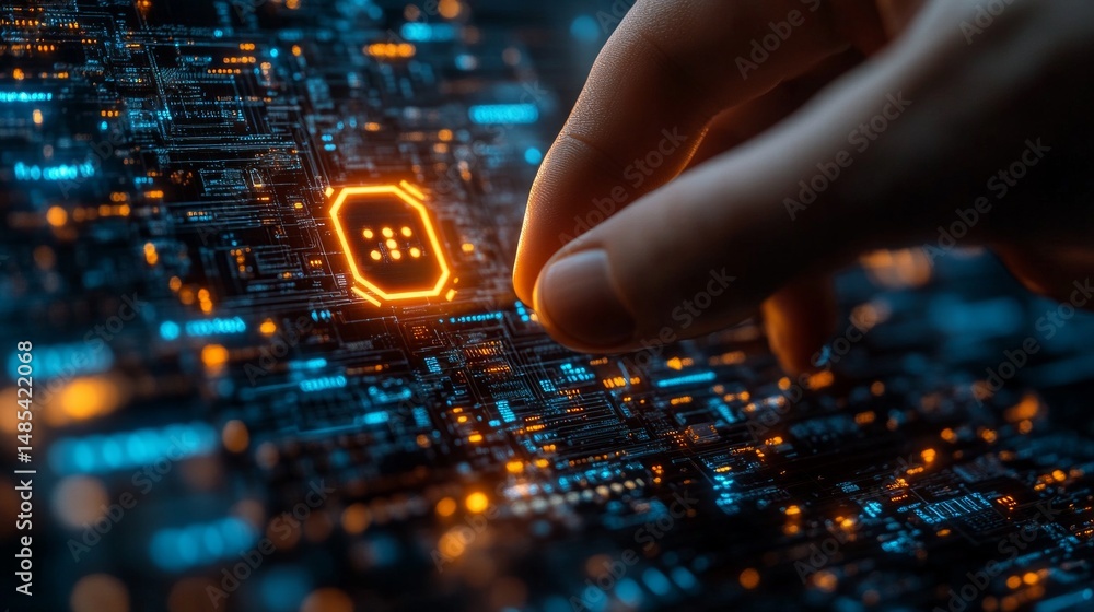Poster a hand is pointing at a computer chip