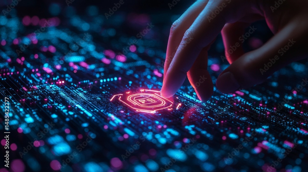 Poster a hand is pointing at a glowing blue and red symbol on a computer screen