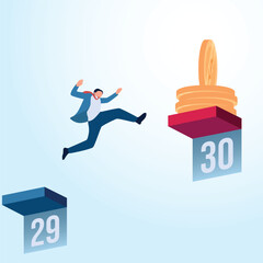 A man jumps from the 29th to the 30th on the calendar and gets a coin. A metaphorical illustration for payday, work payment and the end of the month.