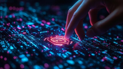 Naklejka premium A hand is pointing at a glowing blue and red symbol on a computer screen